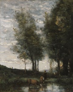 池、牛飼い（キャンバスに油彩） 作： Jean Baptiste Camille Corot